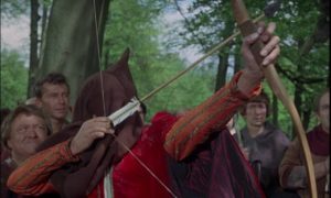 Robin (Barrie Ingham) earns his nickname by shooting blind in C.M. Pennington-Richards' A Challenge for Robin Hood (1967)