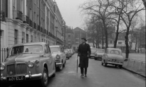 Barrett (Dirk Bogarde) arrives at the house of his prospective employer in Joseph Losey's The Servant (1963)