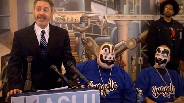 ACLU lawyer Howard Hertz announces the Insane Clown Posse's lawsuit against the FBI in Tom Putnam & Brenna Sanchez’s The United States of Insanity (2021)