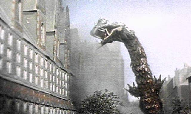 The monster rampages through Copenhagen in Reptilicus (1961)