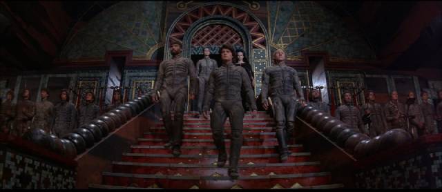 Paul Muad'Dib (Kyle MacLachlan) enters the Great Hall on Arrakis to seize power from the Emperor in David Lynch's Dune (1984)