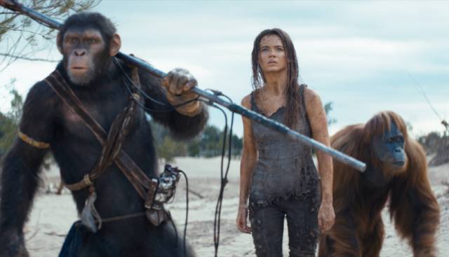 Noa (Owen Teague), Nova (Freya Allan) and Raka (Peter Macon) embark on a quest in Wes Ball's Kingdom of the Planet of the Apes (2024)