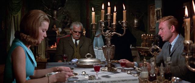 Stephen Reinhard (Nick Adams) has an awkward dinner with Nahum Witley (Boris Karloff) and his daughter Susan (Suzan Farmer) in Daniel Haller's Die, Monster, Die! (1967)