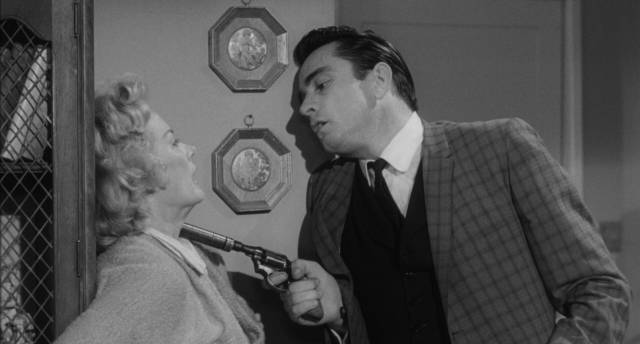 Johnny Cabot (Johnny Cash) enjoys menacing suburban housewife Nancy Wilson (Cay Forester) in Bill Karn’s Door-to-Door Maniac (1961)