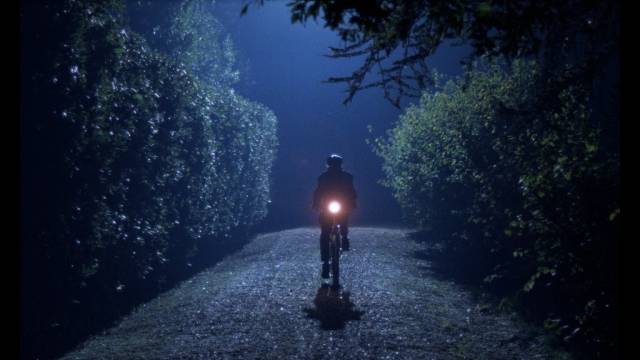 A black-gloved killer has an unconventional mode of transportation in Franco Ferrini's Sweets from a Stranger (1987)