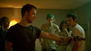 The band find themselves in a dangerous situation when they witness a murder in Jeremy Saulnier's Green Room (2015)