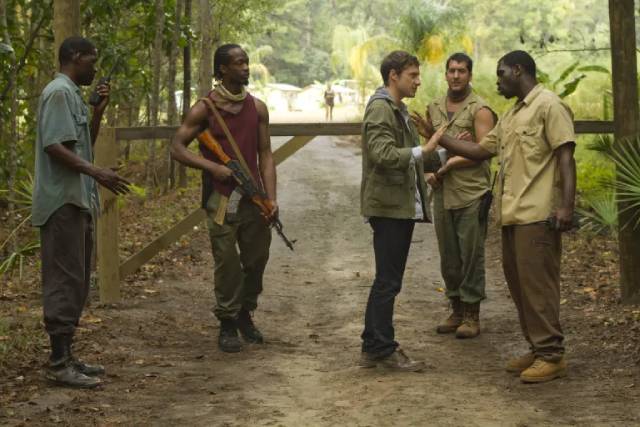 A crew from Vice Media receive a chilly welcome at a remote religious community in Ti West's The Sacrament (2013)