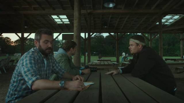 Producer Sam Turner (AJ Bowen), cameraman Jake (Joe Swanberg) and Patrick (Kentucker Audley) sense something off about the community in Ti West's The Sacrament (2013)