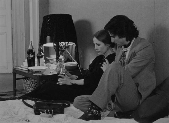 Alexandre (Jean-Pierre Léaud) brings Veronika (Françoise Lebrun) home when Marie (Bernadette Lafont) is away in Jean Eustache's The Mother and the Whore (1973)