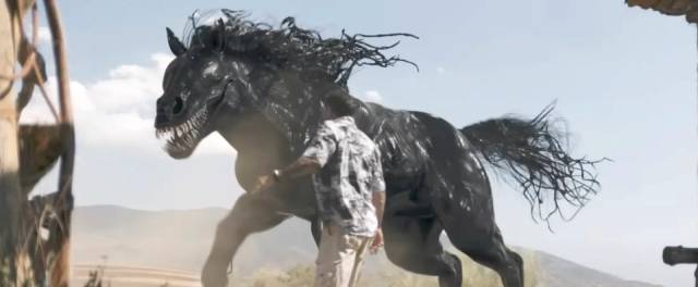 The symbiote commandeers a horse for a quick getaway in Kelly Marcel’s Venom: The Last Dance (2024)